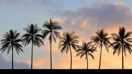 Obraz premium As the sun sets, golden sunlight spills across the sky, clearly outlining the tropical palm trees in a simple and bright composition.