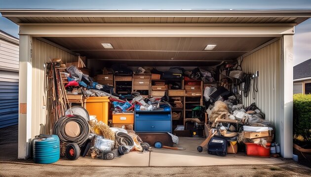 messy clutter in suburban garage clutter household junk disorganized messy garage suburban chaos cluttered storage