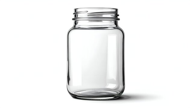 A clear, empty glass jar on a white background. It has a screw-top opening and casts a subtle shadow
