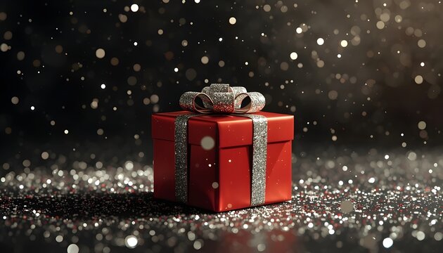 A beautifully wrapped red gift box with a silver bow on a sparkling background