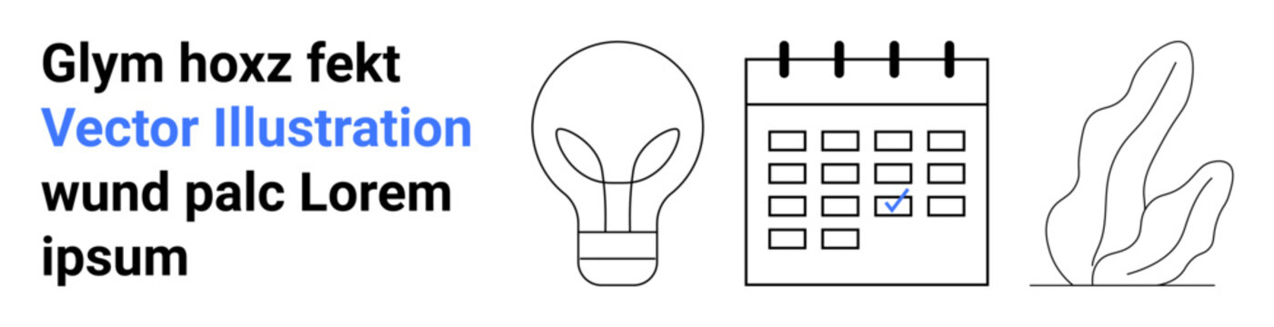Productivity, creativity, scheduling, innovation, eco-friendly, organization ideas. Light bulb, calendar and leaf outlines in black and white. Creativity and scheduling concept for modern design
