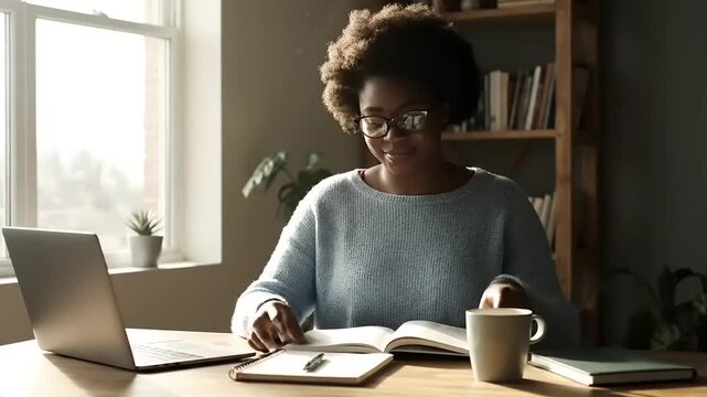 Young woman studying at a desk with a laptop and books in a brightly lit room