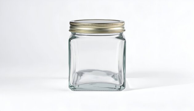 A clear, square glass jar with a metallic gold lid sits against a stark white background. The jar is empty