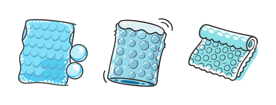 Collection of three blue bubble wrap textures and rolls, used for packaging and protection.