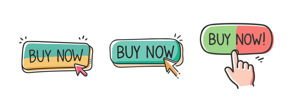 Buy now button icons with cursor and hand for online shopping and e-commerce