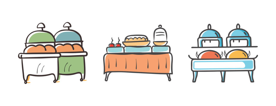 Buffet serving stations with food in chafing dishes, presenting a variety of dishes.