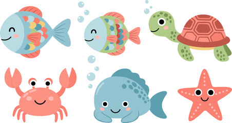 Obraz premium Cute Cartoon Sea Animals Set Featuring Fish, Crab, Starfish, Turtle, and Whale for Kids’ Illustrations and Nursery Decor