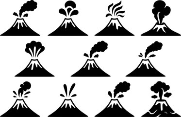 Fototapeta premium Collection of black silhouette volcano eruption with smoke and lava white background