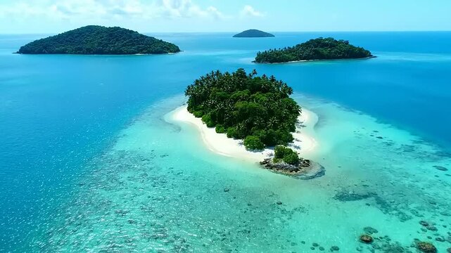 Aerial drone view of a pristine tropical island paradise. White sand beaches, lush green foliage, and crystal-clear turquoise ocean waters define an idyllic travel escape