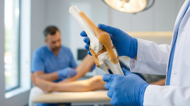 Doctor in gloves holds a knee joint model explaining anatomy during a medical consultation in a modern clinic