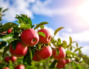 Obraz premium Close-up captures ripe, red apples hanging on a leafy branch against a bright blue sky with fluffy white clouds