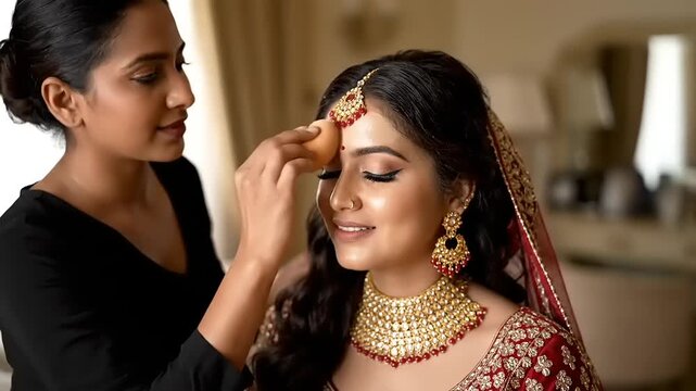 Professional makeup artist meticulously applies foundation to a beautiful Indian bride, showcasing traditional beauty rituals and preparation for her grand wedding ceremony