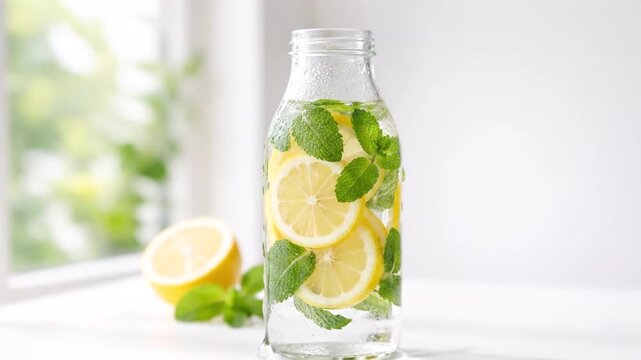 Glass bottle with lemon mint infused water on bright background. Healthy drink, refreshing summer beverage.