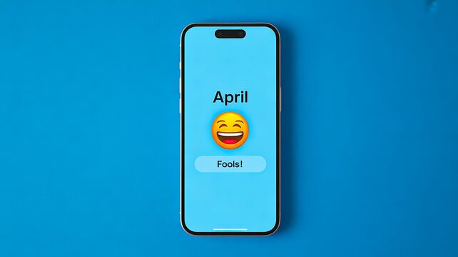 Smartphone displaying april fools message with laughing emoji representing mobile prank humor and digital communication concept