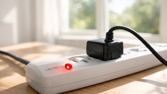 Power strip with plug and red switch on table indoors. Home electricity usage, energy connection concept.