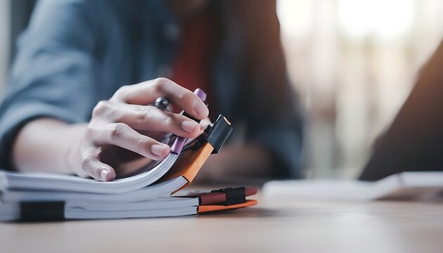 Businessman hands organizing stack of papers with binder clips on office desk