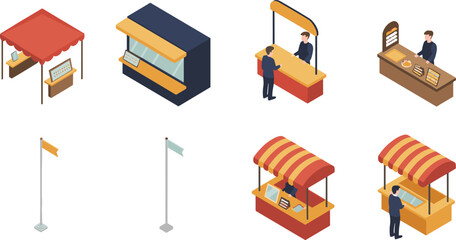 Isometric market stalls and kiosks set, street vendor booths, food stands and retail counters, small business market vector illustration © Md Golam Shahariyar