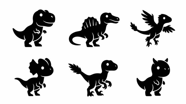Collection of Silhouetted Dinosaur Illustrations on White Background Prehistoric Reptiles in Various Poses