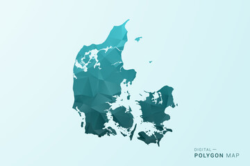 Obraz premium Denmark Map - Polygon style vector illustration in teal blue-green low poly geometric design, modern minimal silhouette.