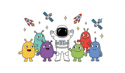 Whimsical space doodles of astronauts and alien friends vector for children © mdmasud