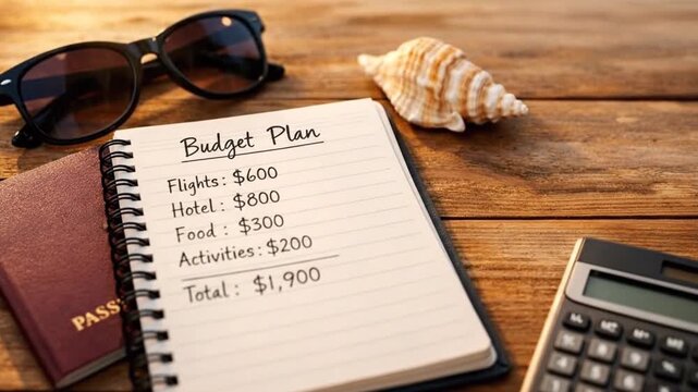 Budget plan notebook with calculator and seashells  on wooden table. Travel budgeting, vacation finance planning.