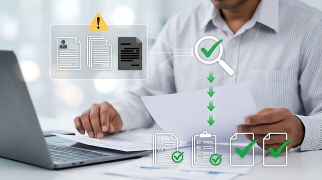 &ldquo;Businessman Reviewing Digital Document Verification Checklist and Approval Workflow&rdquo;