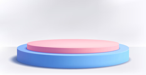 Fototapeta premium Round podium platform for product presentation. Minimal pedestal stage for display, showcase, advertising, branding. Modern design concept. Vector illustration. Realistic 3D mockup. Blue, pink color.