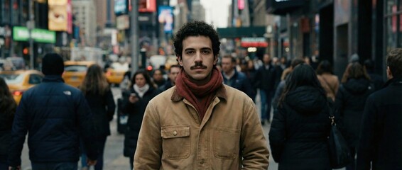 Obraz premium Man walking through busy times square new york city urban scene street photography human experience daylight city life