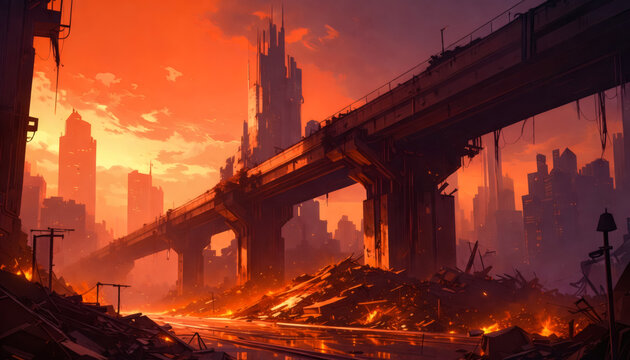 Post apocalyptic city with destroyed highway and burning ruins at sunset
