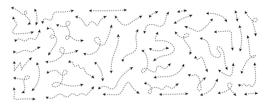 Hand drawn dotted arrows pointing in various directions. Dash line curve arrows set. Vector illustration