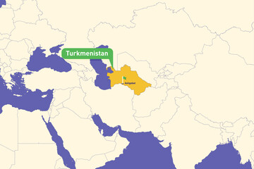 Fototapeta premium Highlighted infographic map illustration of Turkmenistan, ideal for education, travel guides, and geography presentations.
