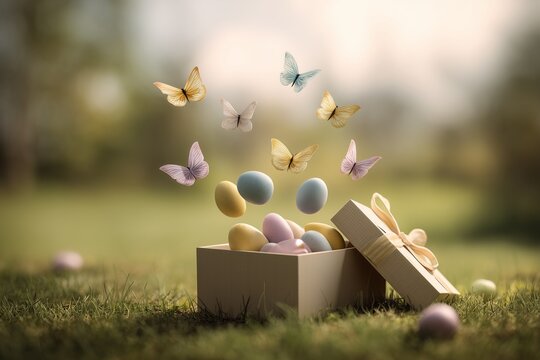 Easter eggs in gift box with butterflies