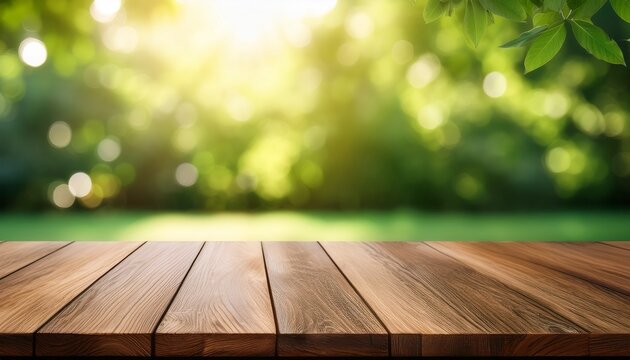 wooden table top on blur background of green garden with bokeh sunlight high quality photo