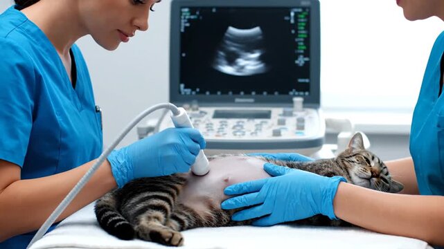 Cat ultrasound with vet exam.