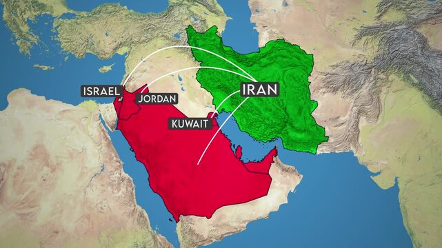 Showing Iran to Israel and the Middle East Attack Path with a line,  Middle East Tension 4k nature Map animation