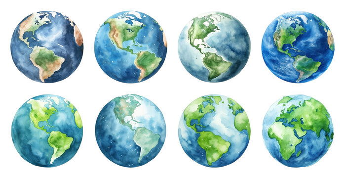 PNG Watercolor globes showcasing Earth's beauty on transparent background