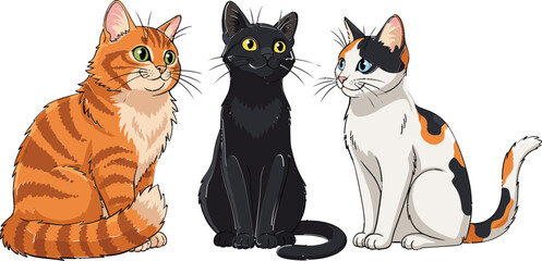 Obraz premium Cartoon Illustration of Three Cute Cats with Different Fur Colors for Pet, Animal, and Cat Lovers Themes