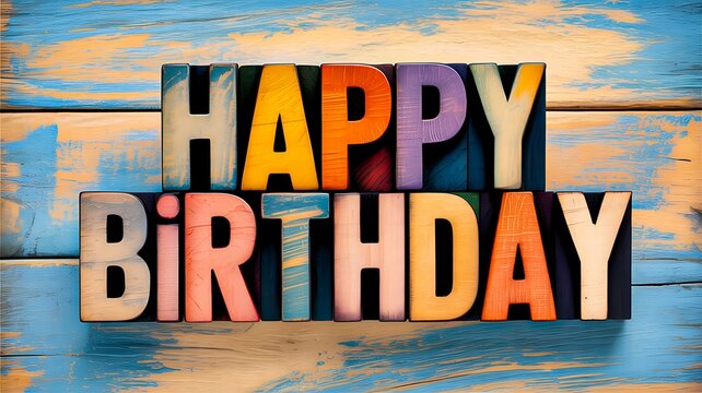 Colorful happy birthday text on wooden background representing celebration party greeting and festive event concept
