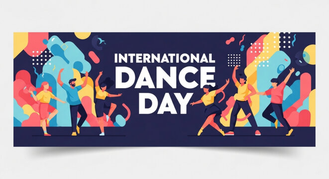International dance day colorful banner with dancing people and abstract shapes on dark blue background
