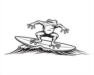 Obraz premium Frog Surfing on Surfboard Line Art Illustration – Funny Cartoon Frog Surfer