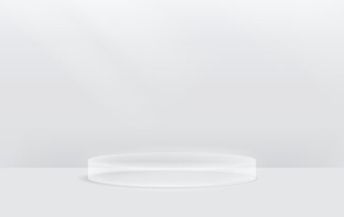 Round podium platform for product presentation. Minimal pedestal stage for display, showcase, advertising, branding. Modern design concept. Vector illustration. Realistic 3D scene mockup. White color.