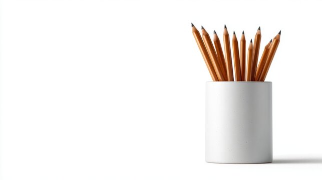 Blank mockup of sharpened colored pencils standing upright in holder on clean white background, minimal school supplies concept with copy space for education, creativity and back to school design them