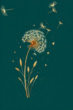 Una ilustraci&oacute;n delicada de un diente de le&oacute;n liberando sus semillas al viento, con un fondo oscuro y estrellado.