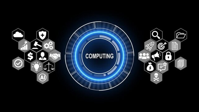 Futuristic Computing Technology Interface with Digital Network Icons, Cloud Data Processing and Cyber Technology Concept Background

