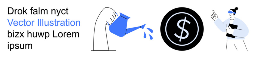 Obraz premium Economic strategy, financial growth, savings, investment, business planning, wealth management. A hand pouring water on a dollar sign and a person presenting. Financial growth and investment concept