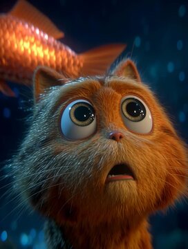 Un gato naranja con ojos desorbitados observa con asombro un pez dorado en una pecera.