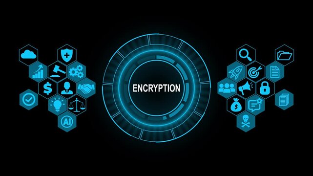 Futuristic Data Encryption Technology Interface with Digital Network Icons, Cyber Security and Secure Communication Concept Background
