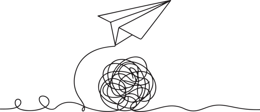 with paper plane and tangled ball. Symbol of confused mind and problems and support to untangle knot. one line art icon drawing vector
