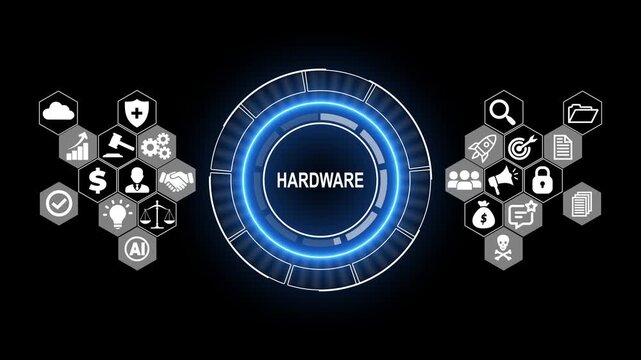 Futuristic Computer Hardware Technology Interface with Digital Network Icons, Electronic System and Cyber Technology Concept Background
