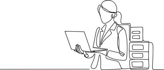 Woman programmer engineer.IT specialist is holding a laptop. Data center, server cabinet. Digital technologies. one line art icon drawing vector
